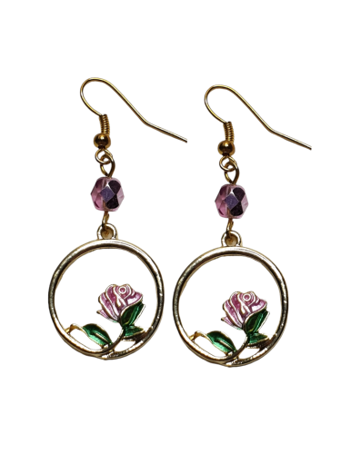 BOUCLES D'OREILLES PENDANTES CERCLE ET ROSE