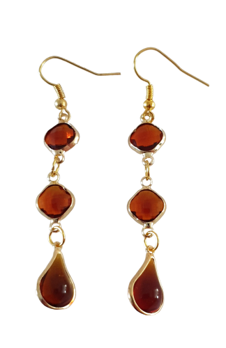 BOUCLES D'OREILLES PENDANTES LOSANGES ET GOUTTE AMBRE