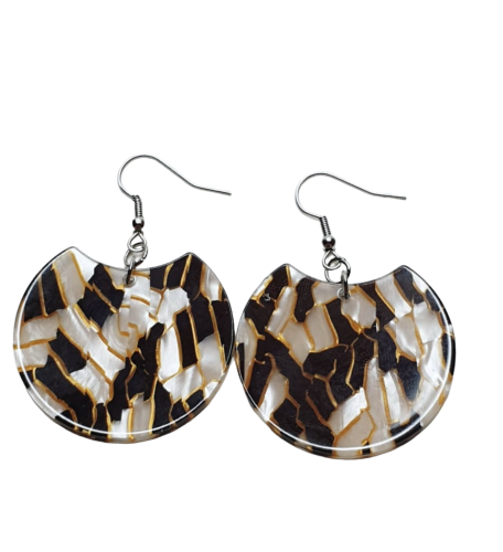 BOUCLES D'OREILLES  RONDE MOSAIQUES BLANCHE ET NOIRE