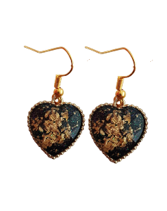 BOUCLES D'OREILLES COEUR NOIR ET FEUILLES D'OR