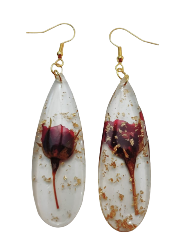 BOUCLES D'OREILLES  ROSE ET FEUILLES D'OR