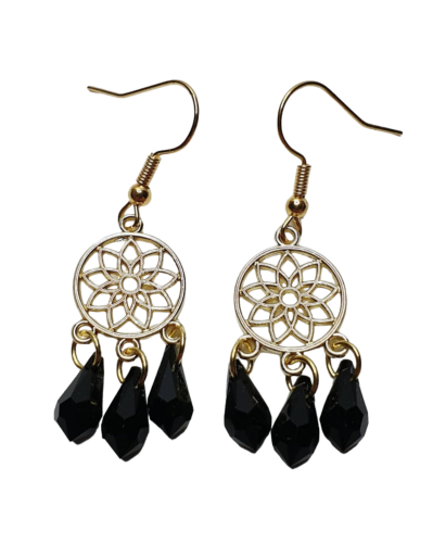 BOUCLES D'OREILLES ROSACE ET GOUTTES NOIRES