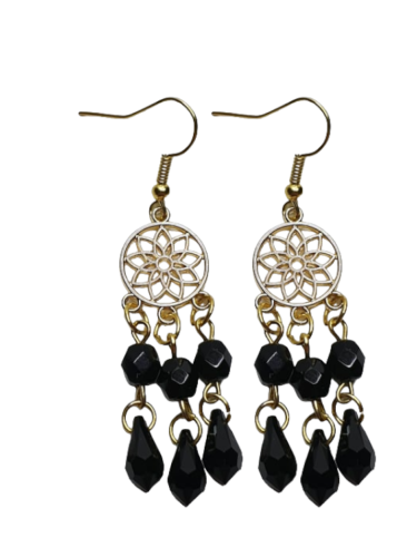 BOUCLES D'OREILLES ROSACE PERLES ET GOUTTES NOIRES