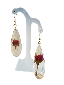 BOUCLES D'OREILLES  ROSE ET FEUILLES D'OR